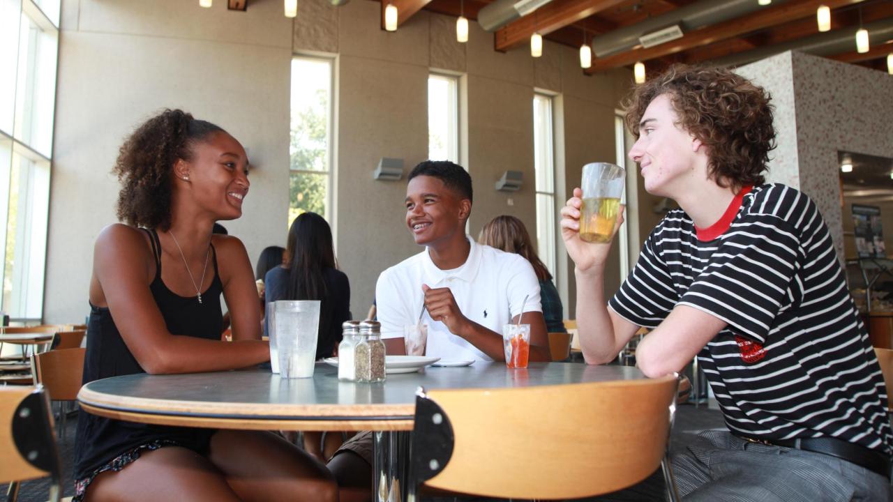 students talking at a table